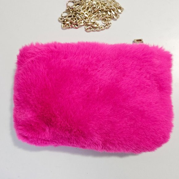 NWOT Faux Fur Clutch Crossbody Handbag Hot Pink - Picture 3 of 7